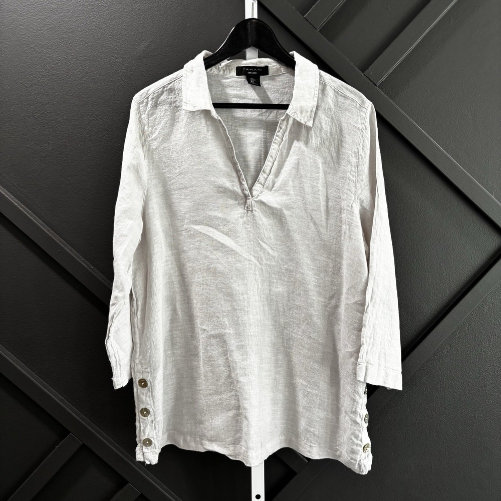 Tahari Womens Size L White 100% Linen Tunic Top Collared V Neck Side Button